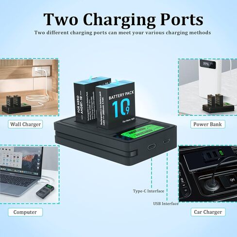 Bonadget 2000mAh 2-Pack Battery and 2-Channel Charger for Gopro Hero 11/10/9 with USB and Type-C Charging Port for Gopro Hero11/Hero 10/Hero 9 Battery and Charger Bundle with LED Display Screen in Kuwait