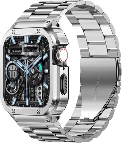 MioHHR Stainless Steel Band and Case Compatible with Apple Watch Band 41mm 40mm 38mm, Men Metal Protective Bumper Cover for iWatch Series SE 9/8/7/6/5/4/3/2/1, Black in Kuwait