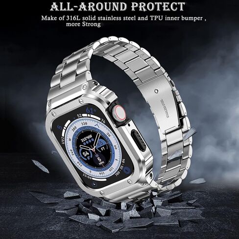 MioHHR Stainless Steel Band and Case Compatible with Apple Watch Band 41mm 40mm 38mm, Men Metal Protective Bumper Cover for iWatch Series SE 9/8/7/6/5/4/3/2/1, Black in Kuwait