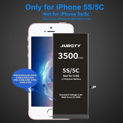 بطارية JUBOTY لهاتف iPhone 5S 5C (ليس 5/SE) بقدرة 3500 مللي أمبير في الساعة، بطارية ليثيوم بوليمر مطورة عالية السعة 0 دورة بديلة لهاتف iPhone 5S 5C مع مجموعة أدوات إصلاح احترافية in Kuwait
