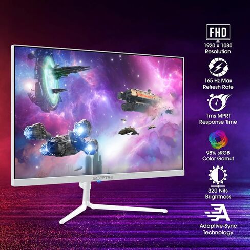 سكيبتر شاشة العاب 24 انش 1080p 98% sRGB حتى 165Hz 1 مللي ثانية 320Lux منفذ عرض HDMI، مكبرات صوت مدمجة، ابيض نيبولا 2022 (E248B-FWN168W) in Kuwait