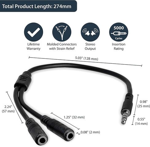 StarTech.com Headset Adapter, Microphone and Headphone Splitter - 3.5mm Male Aux to 3.5mm Female Audio & Mic Combo Jack Y Cable for Laptop / PC (MUYHSMFF) Black in Kuwait