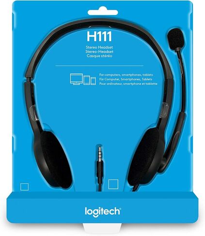 Logitech H111 Wired Headset, Stereo Headphones with Noise-Cancelling Microphone, 3.5 mm Audio Jack, PC/Mac/Laptop/Smartphone/Tablet - Black in Saudi Arabia