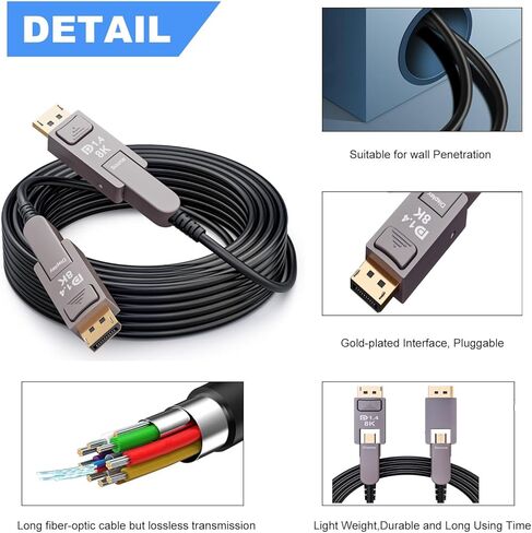 كابل الألياف الضوئية CHENLENIC Displayport 8K منفذ عرض 1.4 إلى Mini Displayport كابل الألياف الضوئية، متوافق مع Thunderbolt 2/3/4، لجهاز MacBook Pro/Air Suface Pro (T0206-15M) in Kuwait