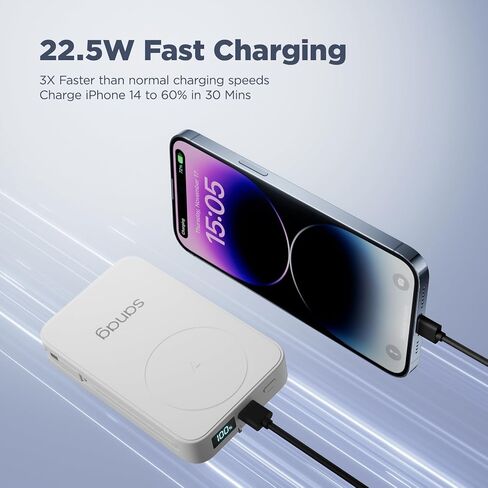 شاحن باور بانك لاسلكي محمول من ساناج بقدرة 10000 مللي أمبير في الساعة مع كابلات مدمجة، وحزمة بطارية مغناطيسية مع شاشة LED، ومدخل قابس تيار متردد و4 مخارج 22.5 وات PD شحن سريع متوافق مع هاتف iPhone Android in Kuwait