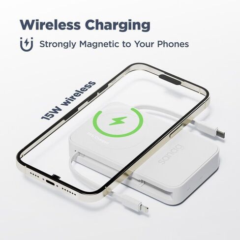 شاحن باور بانك لاسلكي محمول من ساناج بقدرة 10000 مللي أمبير في الساعة مع كابلات مدمجة، وحزمة بطارية مغناطيسية مع شاشة LED، ومدخل قابس تيار متردد و4 مخارج 22.5 وات PD شحن سريع متوافق مع هاتف iPhone Android in Kuwait