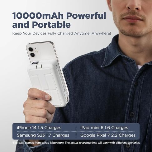 شاحن باور بانك لاسلكي محمول من ساناج بقدرة 10000 مللي أمبير في الساعة مع كابلات مدمجة، وحزمة بطارية مغناطيسية مع شاشة LED، ومدخل قابس تيار متردد و4 مخارج 22.5 وات PD شحن سريع متوافق مع هاتف iPhone Android in Kuwait