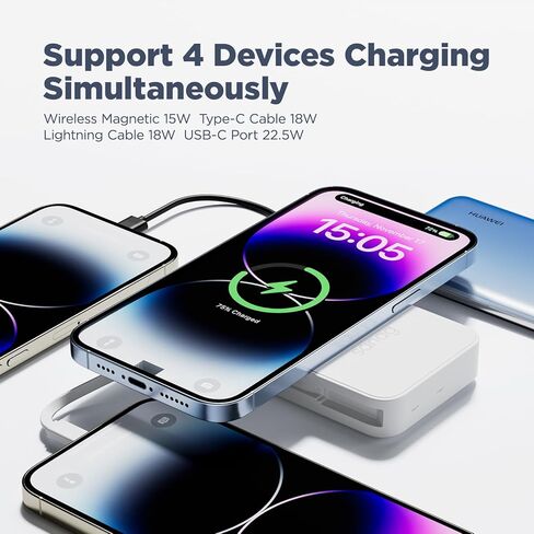 شاحن باور بانك لاسلكي محمول من ساناج بقدرة 10000 مللي أمبير في الساعة مع كابلات مدمجة، وحزمة بطارية مغناطيسية مع شاشة LED، ومدخل قابس تيار متردد و4 مخارج 22.5 وات PD شحن سريع متوافق مع هاتف iPhone Android in Kuwait