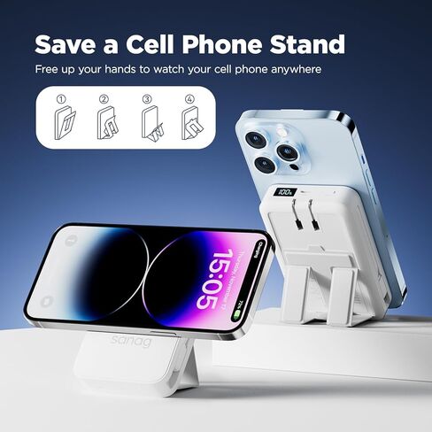 شاحن باور بانك لاسلكي محمول من ساناج بقدرة 10000 مللي أمبير في الساعة مع كابلات مدمجة، وحزمة بطارية مغناطيسية مع شاشة LED، ومدخل قابس تيار متردد و4 مخارج 22.5 وات PD شحن سريع متوافق مع هاتف iPhone Android in Kuwait