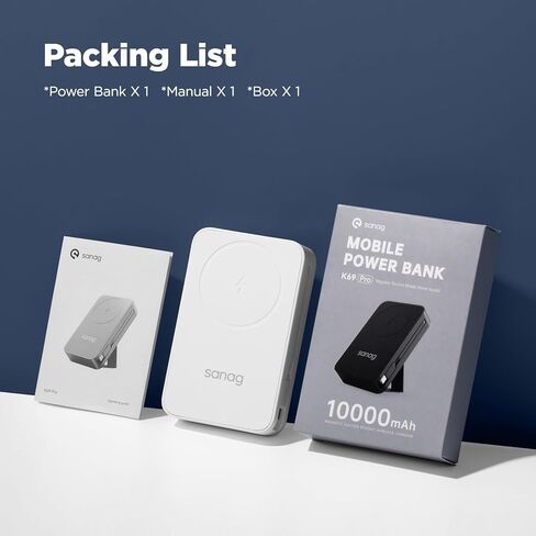 شاحن باور بانك لاسلكي محمول من ساناج بقدرة 10000 مللي أمبير في الساعة مع كابلات مدمجة، وحزمة بطارية مغناطيسية مع شاشة LED، ومدخل قابس تيار متردد و4 مخارج 22.5 وات PD شحن سريع متوافق مع هاتف iPhone Android in Kuwait