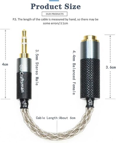 GUCraftsman 3.5mm Stereo Male to 4.4mm Balanced Female Portable Headphone Adapter Cable 6N Single Crystal Silver Headphone Jack Convert Cable for Audio Players with 3.5mm Ports in Kuwait
