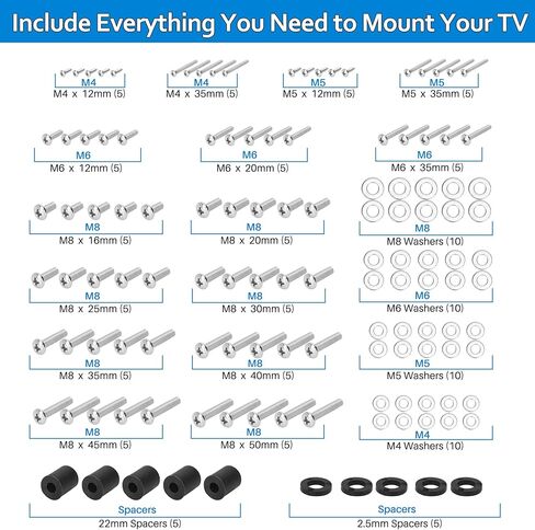 Rust-Free Universal TV Mounting Hardware Kit Includes M4 M5 M6 M8 Stainless Steel Bolts, Washers, and Spacers, Fit All TVs up to 80 inch (125 pcs) in Kuwait