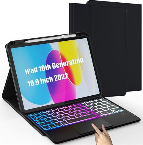 حافظة لجهاز iPad الجيل العاشر مع لوحة مفاتيح (10.9 بوصة، 2022) - غطاء لوحة مفاتيح لوحي بإضاءة خلفية قابلة للفصل بـ 3 مناطق 7 ألوان - حافظة لوحة مفاتيح iPad 10th مقاس 10.9 بوصة مع حامل قلم رصاص أسود in Kuwait