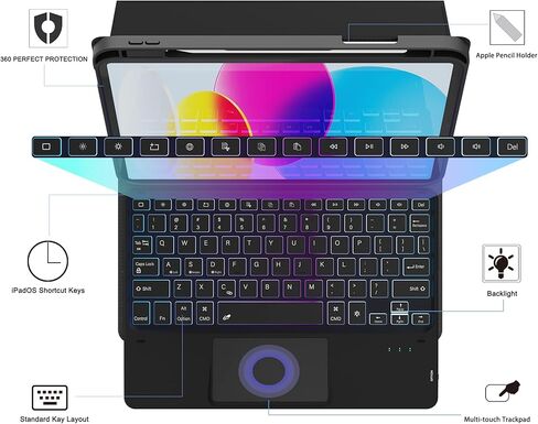 حافظة لجهاز iPad الجيل العاشر مع لوحة مفاتيح (10.9 بوصة، 2022) - غطاء لوحة مفاتيح لوحي بإضاءة خلفية قابلة للفصل بـ 3 مناطق 7 ألوان - حافظة لوحة مفاتيح iPad 10th مقاس 10.9 بوصة مع حامل قلم رصاص أسود in Kuwait
