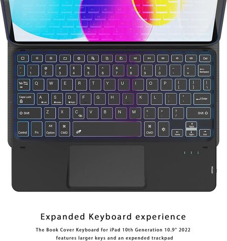 حافظة لجهاز iPad الجيل العاشر مع لوحة مفاتيح (10.9 بوصة، 2022) - غطاء لوحة مفاتيح لوحي بإضاءة خلفية قابلة للفصل بـ 3 مناطق 7 ألوان - حافظة لوحة مفاتيح iPad 10th مقاس 10.9 بوصة مع حامل قلم رصاص أسود in Kuwait