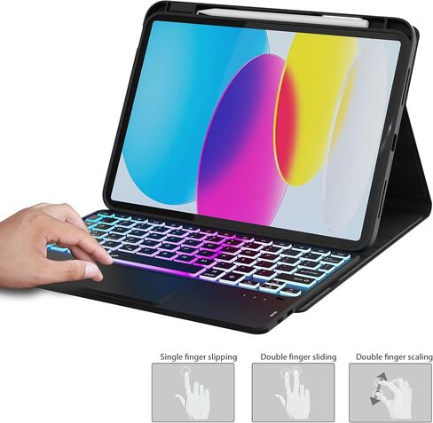 حافظة لجهاز iPad الجيل العاشر مع لوحة مفاتيح (10.9 بوصة، 2022) - غطاء لوحة مفاتيح لوحي بإضاءة خلفية قابلة للفصل بـ 3 مناطق 7 ألوان - حافظة لوحة مفاتيح iPad 10th مقاس 10.9 بوصة مع حامل قلم رصاص أسود in Kuwait