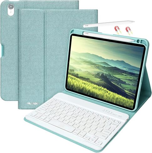 حافظة لوحة مفاتيح MMK iPad 10.9 لجهاز iPad Air 5th Gen 2022، iPad Air 4th Gen 2020، iPad Pro 11 2018 مع حافظة لوحة مفاتيح بلوتوث لاسلكية قابلة للفصل مع حامل قلم رصاص (أزرق سماوي) in Saudi Arabia