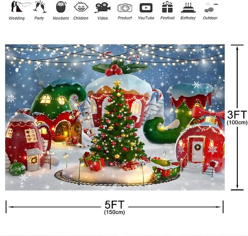 Aperturee 5x3ft Christmas Candy House Photography Backdrop Winter Snow Pine Tree Xmas Tree Snowflake Lollipop Background Newborn Baby Shower Children Portrait Photo Studio Booth Prop Decoration Banner in Kuwait