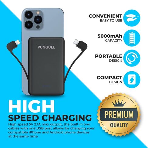 Slim Portable Charger 5000mAh - Compact Mini Small Power Bank Built-in Cable Cute Mobile Cell Phone External Battery Pack 5V 2.1A USB-C Compatible with iPhones 6/7/8/X/XS/XR/11/12/13/14 Airpods in Saudi Arabia