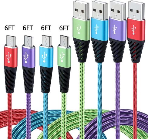 Bynccea Micro USB Cable 6FT 4-Pack Phone Charger Android Nylon Braided Android Charger Cables Fast Charging Compatible with Samsung Galaxy J8/J7/S7/S6/Edge,Note5,LG,Sony,HTC,Moto,Xbox,PS4 in Kuwait