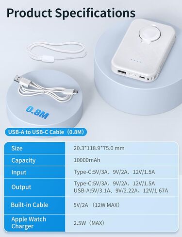RORRY Portable Apple Watch Charger,10000mAh Fast Charging Power Bank with Built-in Cable, Compatible with Apple Watch Series 9/Ultra2/8/Ultra/7/6/Se/5/4/3/2/, iPhone 15/14/13/12/11/XS/X/8 in Saudi Arabia