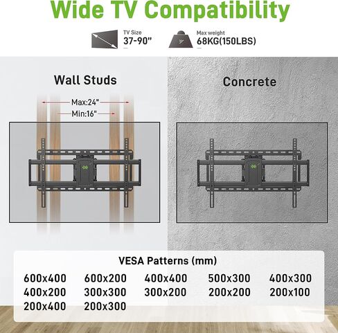 USX MOUNT UL Listed Full Motion TV Wall Mount for 37"-90" TVs, Pre-Assembled TV Mount Fits 16", 24" Wood Studs, Universal with Swivel and Tilt TV Bracket Up to VESA 600x400mm, 150lbs in Saudi Arabia