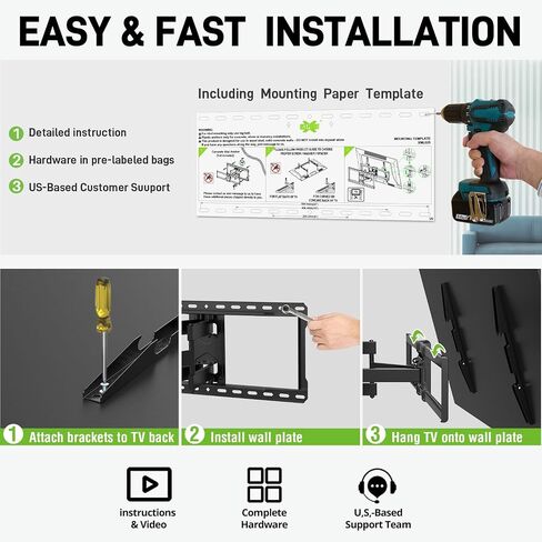 USX MOUNT UL Listed Full Motion TV Wall Mount for 37"-90" TVs, Pre-Assembled TV Mount Fits 16", 24" Wood Studs, Universal with Swivel and Tilt TV Bracket Up to VESA 600x400mm, 150lbs in Saudi Arabia