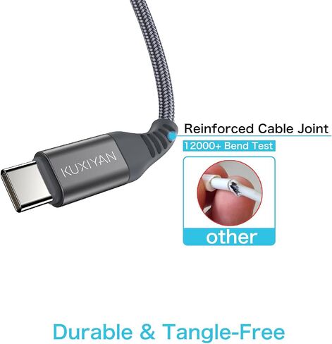 كابل KUXIYAN قصير USB من النوع C، (1 قدم 2 حزمة) شاحن USB-C سلك شحن سريع مجدول من النايلون متوافق مع iPhone 15 Pro Max/15 Pro/15 Plus Samsung Galaxy S9 S8 Plus Note 9 8 (رمادي) in Saudi Arabia
