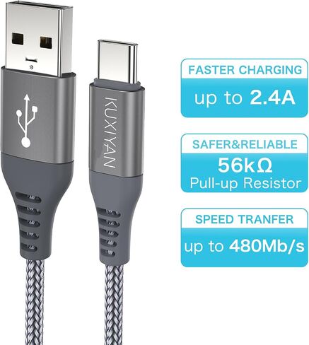 كابل KUXIYAN قصير USB من النوع C، (1 قدم 2 حزمة) شاحن USB-C سلك شحن سريع مجدول من النايلون متوافق مع iPhone 15 Pro Max/15 Pro/15 Plus Samsung Galaxy S9 S8 Plus Note 9 8 (رمادي) in Saudi Arabia