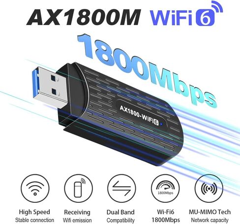 محول WiFi 6، محول شبكة USB WiFi 6، محول USB WiFi 6E، AX1800Mbps، USB3.0 ثنائي النطاق 2.4 جيجا هرتز/574 ميجا بت في الثانية و5 جيجا هرتز/1201 ميجا بت في الثانية عالي السرعة، يدعم Win 10/11 in Kuwait