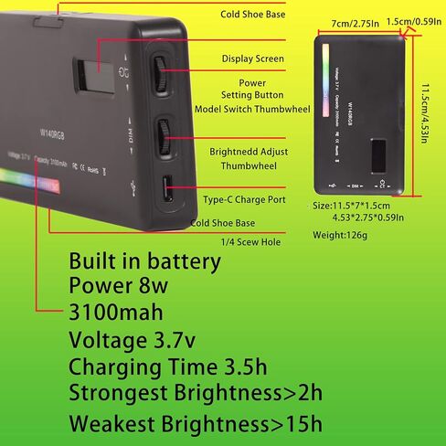 WEWOGA W140 RGB LED Video Light 360° Portable Colour On Camera Light Vlogging Lighting Battery 3100 mAh CRI95+ 2500K-9000K with Cold Shoe Mount Compatible for Vlog Photography TikTok Living Vlog in Kuwait