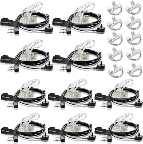 TIDRADIO Walkie Talkie Earpiece with Mic (Includes Earmolds and Ear Buds) 2 Pin Acoustic Tube Headset TD-M8 TD-V2 Retevis H-777 RT21 RT22 Baofeng UV-5R BF-888S 2 Way Radio (10 Pack) in Kuwait