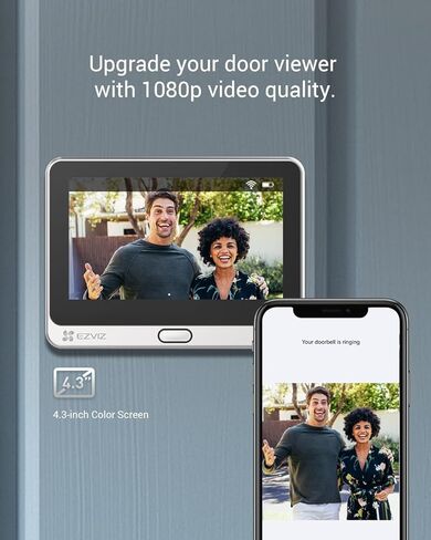 كاميرا EZVIZ 1080P لعرض الباب بالفيديو مع شاشة عرض ملونة مقاس 4.3 بوصة، رنين مدمج، بطارية قابلة لإعادة الشحن، عرض التطبيق، محادثة ثنائية الاتجاه، كشف حركة PIR، غلاف معدني، سحابة/SD (DP2C) in Kuwait