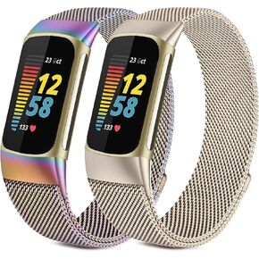 Afoskce 2 Pack Metal Bands Compatible with Fitbit Charge 5 Bands for Women Men, Magnetic Clasp Stainless Steel Mesh Loop Adjustable Metal Strap Replacement for Fitbit Charge 5