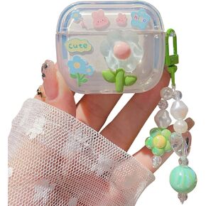 PHOEACC Cute Airpod Gen 3 Case 2021 (NOT Fit Airpod Pro) 3D Flower with Keychain Clear Hard TPU Protective Cover Compatible with AirPods 3rd Generation Case for Girls Women (Floral Green)