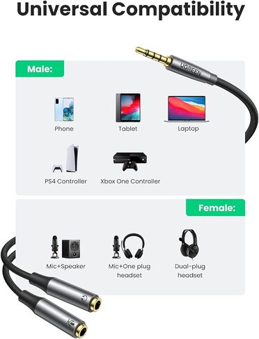 UGREEN Headphone Splitter Headset Splitter Audio Mic Y Adapter Braided 3.5mm TRRS Male to 2 Female Cable with MIC Compatible with PS5 PS4 Xbox One Controller, Phone to Earphone, Gaming Speaker in Saudi Arabia