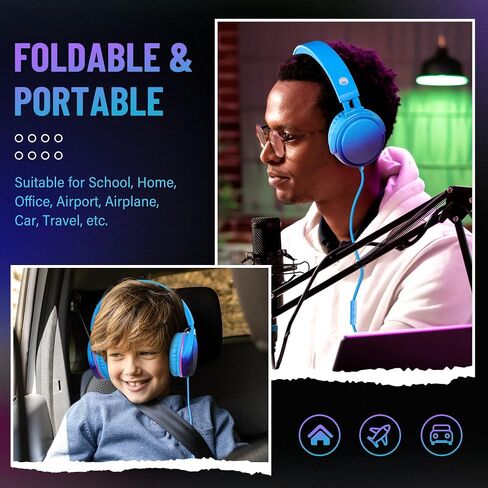 rockpapa Grade Wired Headphones with Microphone, Lightweight Foldable Stereo Bass Headphones with No-Tangle Cord & 3.5mm Jack for Adult/Kids, Laptop Computer Tablet Airplane Chromebooks Phone Blue in Kuwait
