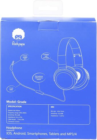 rockpapa Grade Wired Headphones with Microphone, Lightweight Foldable Stereo Bass Headphones with No-Tangle Cord & 3.5mm Jack for Adult/Kids, Laptop Computer Tablet Airplane Chromebooks Phone Blue in Kuwait