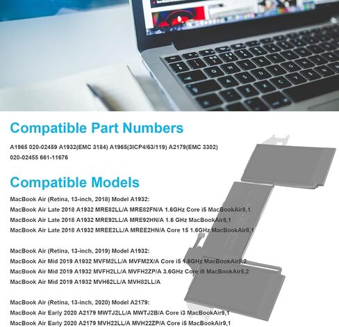 بطارية كمبيوتر محمول A1965 لجهاز MacBook Air 13 بوصة Retina A1932 (2018 2019، أوائل 2020) A2179 EMC 3184 3302 MacBook Air8,1 8,2 9,1 MRE82 MRE92 MVFH2 MWTJ2 MVH22 MVFM2 MVFK2 MREE2 MREC2 MREA2 MREF2 MUQT2 MUQU2 in Kuwait