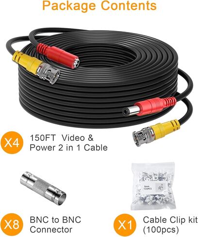 كابل WILDHD BNC، سلك كابل كاميرا أمان سيامي الكل في واحد بطول 4 × 150 قدم، كابل CCTV مع موصلين أنثى لجميع نظام مراقبة CCTV DVR بحد أقصى 5 ميجابكسل (كابل BNC 4 × 150 قدم أبيض) in Kuwait