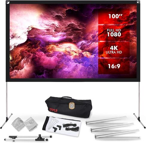 شاشة عرض Pyle مع حامل - 100 بوصة 16:9 HD 4K محمولة خفيفة الوزن قائمة بذاتها وقابلة للطي للاستخدام الداخلي والخارجي مع إطار للمسرح المنزلي in Saudi Arabia