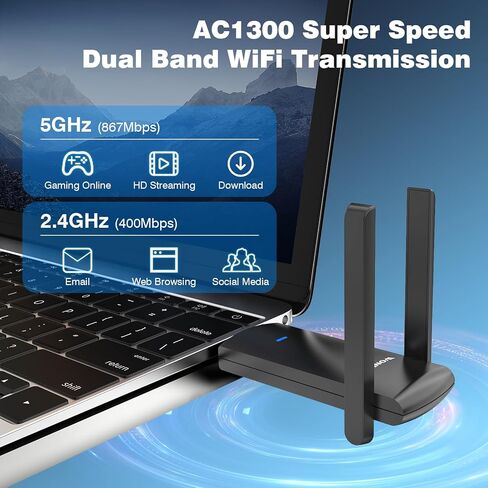 محول واي فاي USB للكمبيوتر المكتبي 1300 ميجابت في الثانية واي فاي دونجل ثنائي النطاق 5 جيجا هرتز 2.4 جيجا هرتز محول شبكة لاسلكية واي فاي للكمبيوتر المحمول، هوائيات مزدوجة 5 ديسيبل عالية الكسب، يدعم Windows 11/10/8.1/8، Mac OS 10.9-10.15 in Kuwait