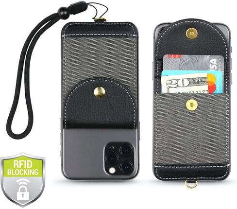 Cell Phone Wallet for Back of Phone with Wrist Strap, Stick On Wallet Credit Card ID Holder with RFID Protection Compatible with iPhone, Galaxy & Most Smartphones and Cases in Kuwait