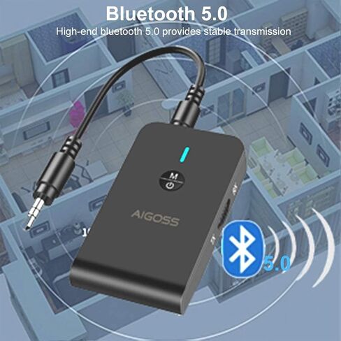 Aigoss Bluetooth 5.0 Transmitter Receiver, Portable Wireless Audio Adapter for TV, Car Home Music Stereo Sound System, Speaker and Headphones, 3.5mm Bluetooth Adapter, aptX Low Latency in Saudi Arabia