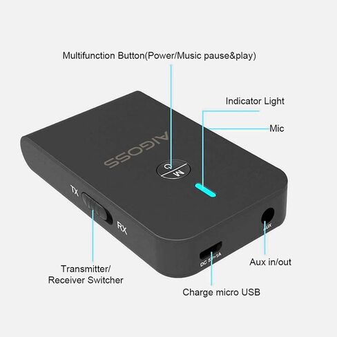 Aigoss Bluetooth 5.0 Transmitter Receiver, Portable Wireless Audio Adapter for TV, Car Home Music Stereo Sound System, Speaker and Headphones, 3.5mm Bluetooth Adapter, aptX Low Latency in Saudi Arabia