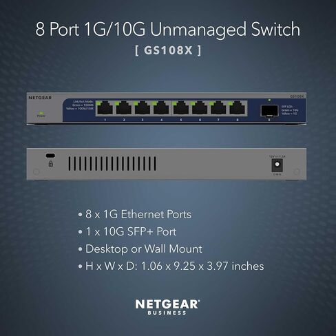 محول NETGEAR 8-Port 1G/10G Gigabit Ethernet غير مُدار (GS108X) - مع 1 x 10G SFP+، سطح المكتب أو حامل الحامل، وحماية محدودة مدى الحياة in Saudi Arabia