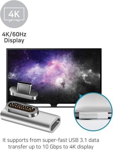 محول USB C مغناطيسي من REDBEAN، موصل 20 دبابيس من النوع C يدعم ما يصل إلى PD 100 وات، شحن سريع 10 جيجابت في الثانية، إخراج فيديو 4K 60 هرتز متوافق مع MacBook Pro 2019 /Air، HP (مسطح، فضي معدني) in Kuwait