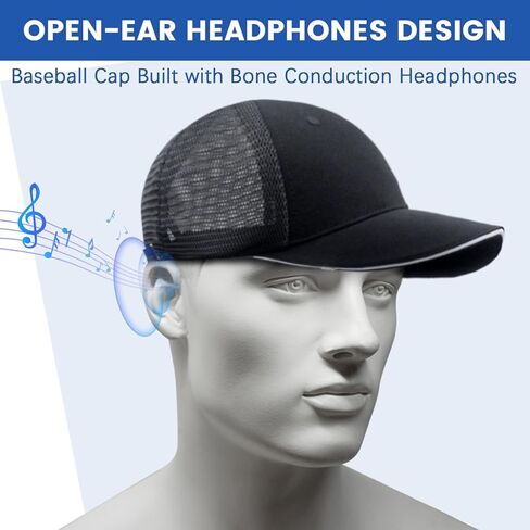 قبعة Dulailt Bone Conduction، قبعة سائق الشاحنة مع سماعات بلوتوث، حزام قابل للتعديل 20.4"-24.4"، شحن مغناطيسي، قبعة Snapback مقاومة للماء IPV7، الجري والمشي لمسافات طويلة وصيد الأسماك باللون الأسود in Kuwait