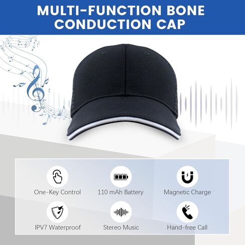 قبعة Dulailt Bone Conduction، قبعة سائق الشاحنة مع سماعات بلوتوث، حزام قابل للتعديل 20.4"-24.4"، شحن مغناطيسي، قبعة Snapback مقاومة للماء IPV7، الجري والمشي لمسافات طويلة وصيد الأسماك باللون الأسود in Kuwait