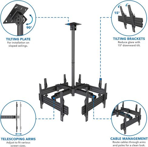 Mount-It! Triple Screen TV Ceiling Mount | Multi-Display Commercial Grade Ceiling Bracket for Three Flat Screen Displays | Adjustable Height, Fits Up to 600x400, 198 Lbs Capacity in Kuwait
